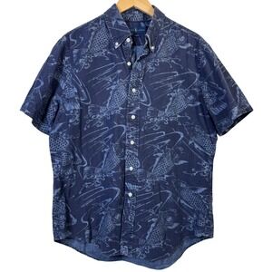 Ralph Lauren Mens Shirt XL Slim Fit Blue Koi Fish Print Button Down Short Sleeve